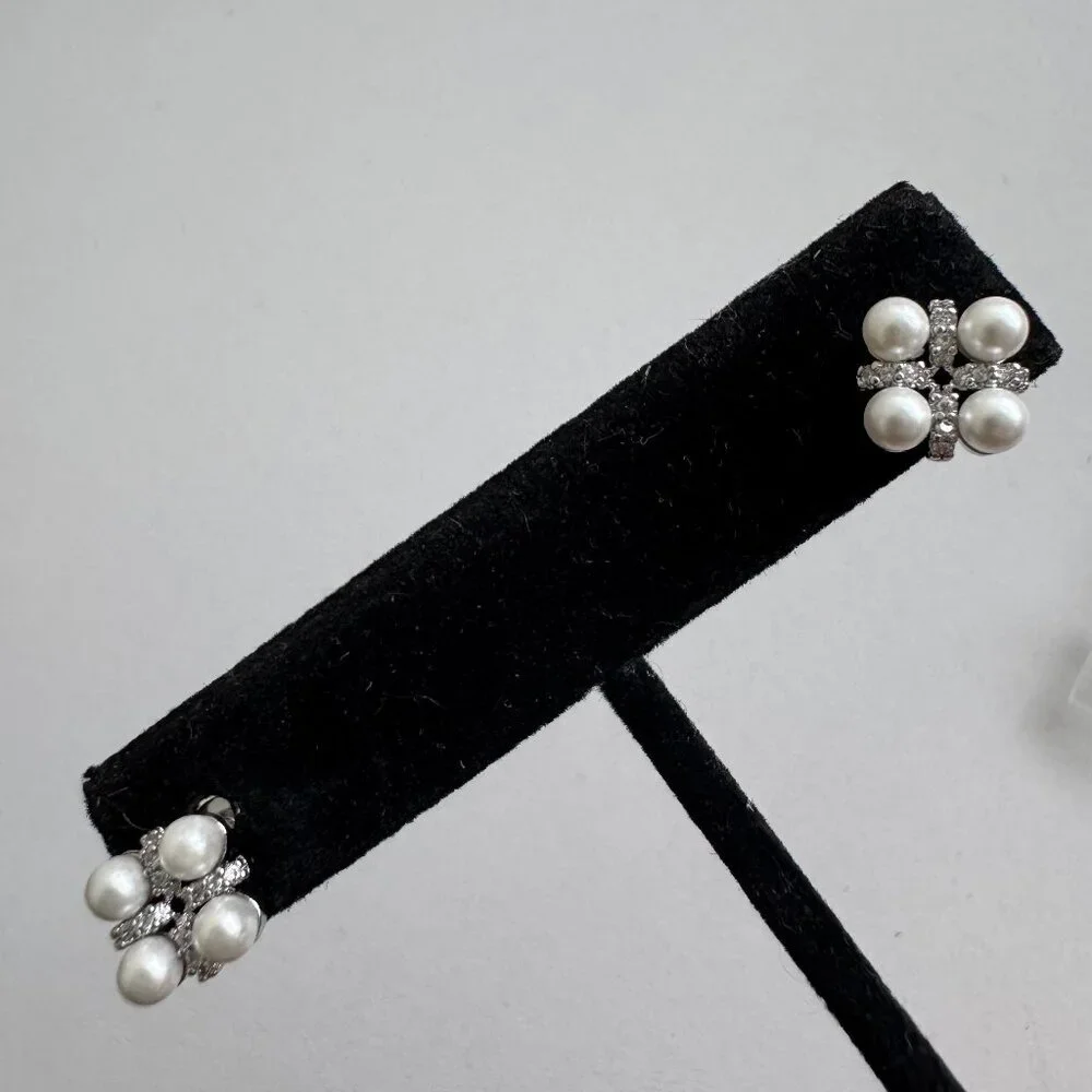 925 Sterling Silver Pearl & CZ Cluster Stud Earrings - Picture 2 of 6